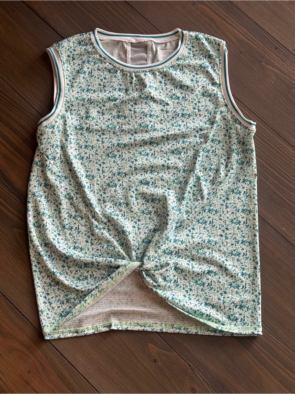 Lucky in Love Knot Front Tennis Athletic Tank Top XS Floral Teal Green